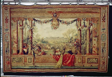 O mês de abril, Palácio de Versalhes, da série de tapeçarias «Os Meses ou Residências Reais», produzida na Manufatura dos Gobelins para Luís XIV